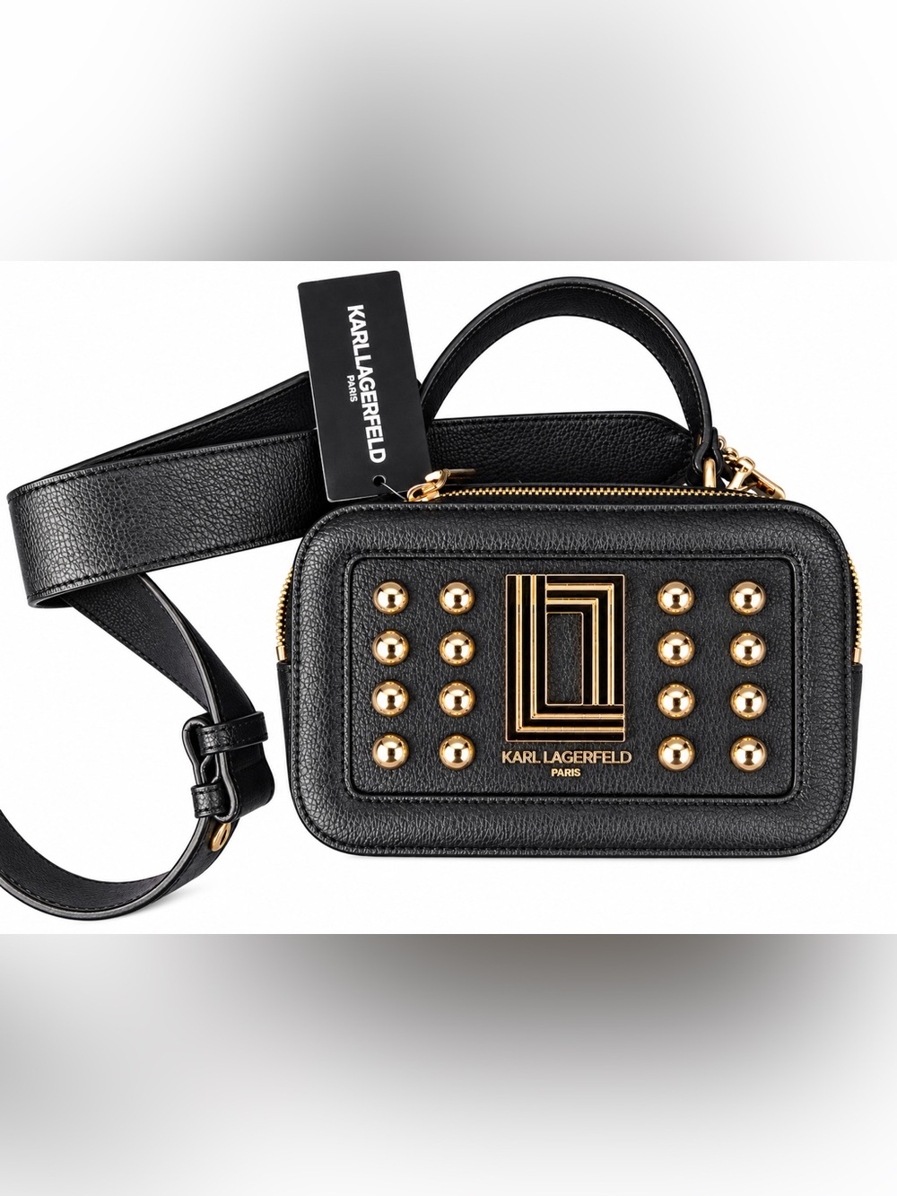 *NWT* Karl Lagerfeld- Black Leather Crossbody with Gold Stud Accents